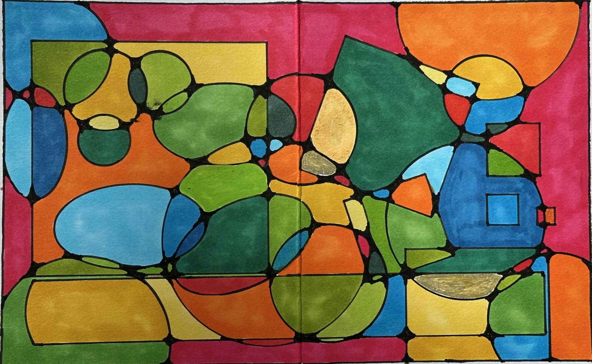 Marker drawing with geometric shapes, squares, circles, on bright red background
